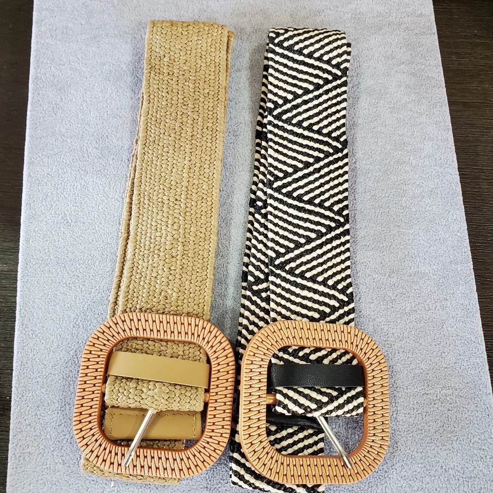 2Pcs Buckle Braided Straw Belts